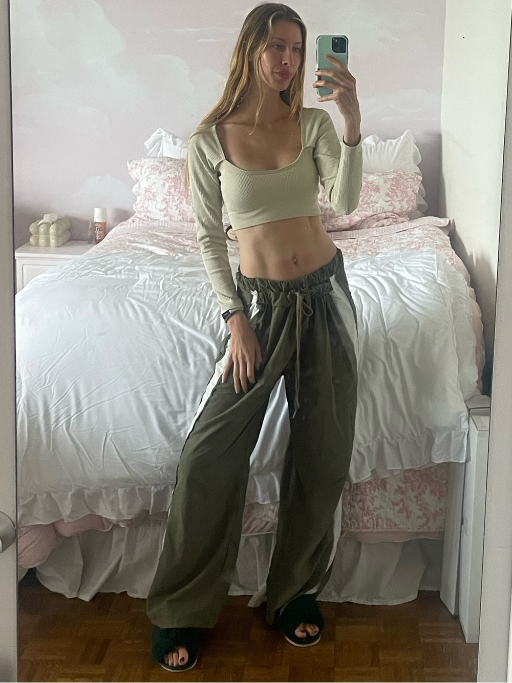 Olive Green windbreaker Wide-Leg Pants